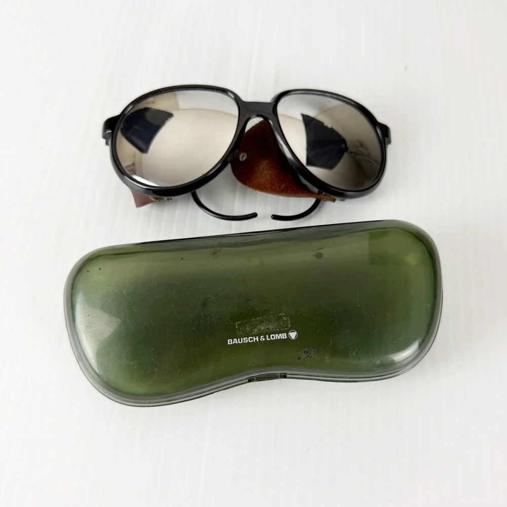 Vintage French Black Nylon Mirrored Sunglasses with Leather Blinders AS IS